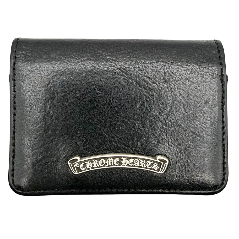 CHROME HEARTS クロムハーツ カードケース 3ポケット スクロールラベル レザー    ブラック 黒 シルバー金具 メンズ【中古品】