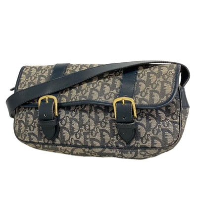 【6ia0948】クリスチャンディオール ショルダーバッグ トロッター キャンバス ネイビー ゴールド金具【中古】レディース