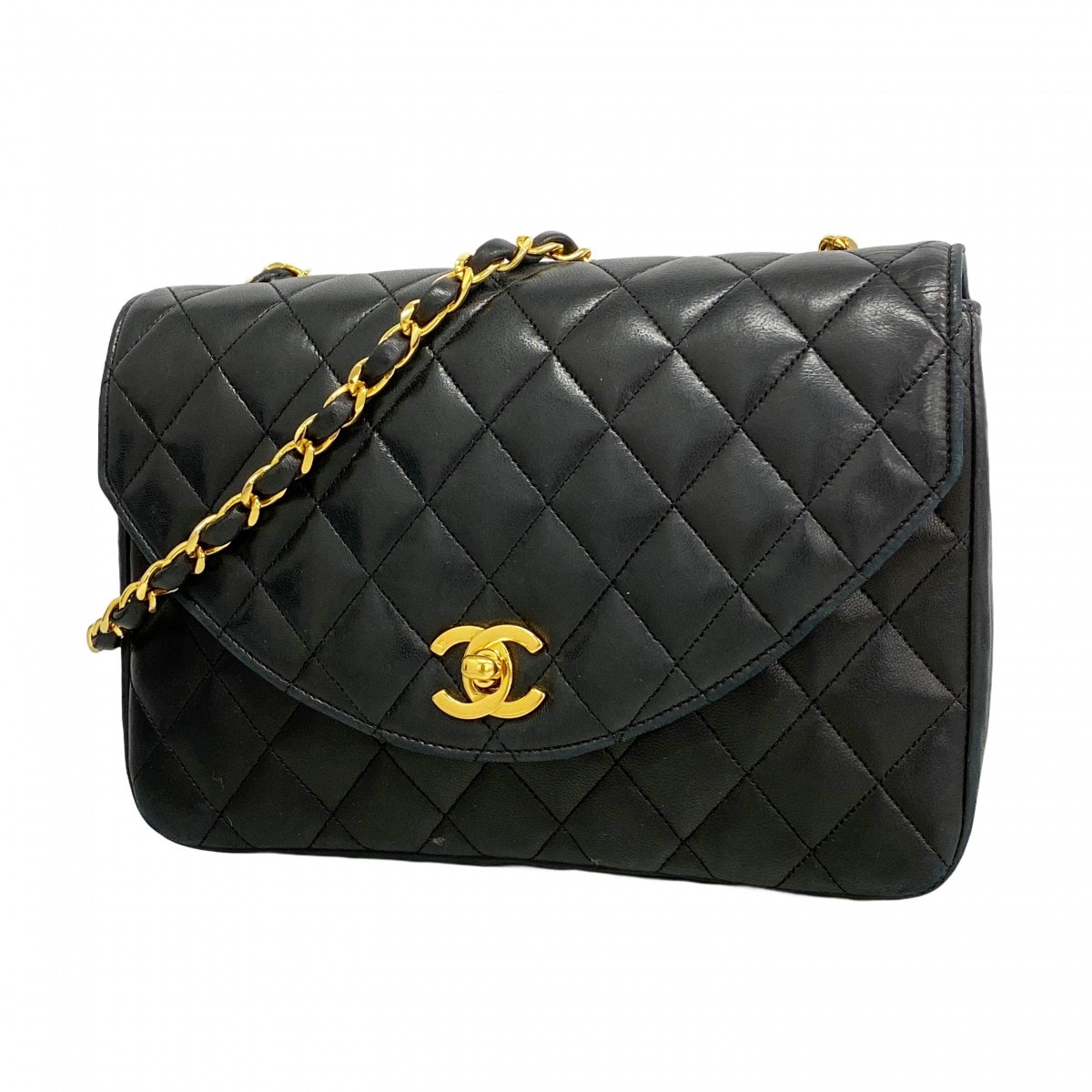 【6cd5631】シャネル ショルダーバッグ マトラッセ チェーンショルダー ラムスキン ブラック ゴールド金具【中古】レディース