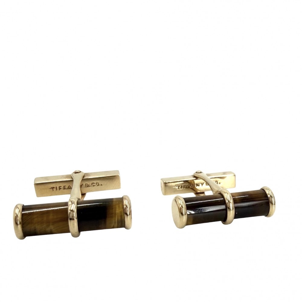 TIFFANY&Co. ティファニー カフス アクセサリー ジュエリー ヴィンテージ 14金YG Au750 K14イエローゴールド  タイガーアイ   ブラウン 茶 ゴールド メンズ 約10.9g【中古品】