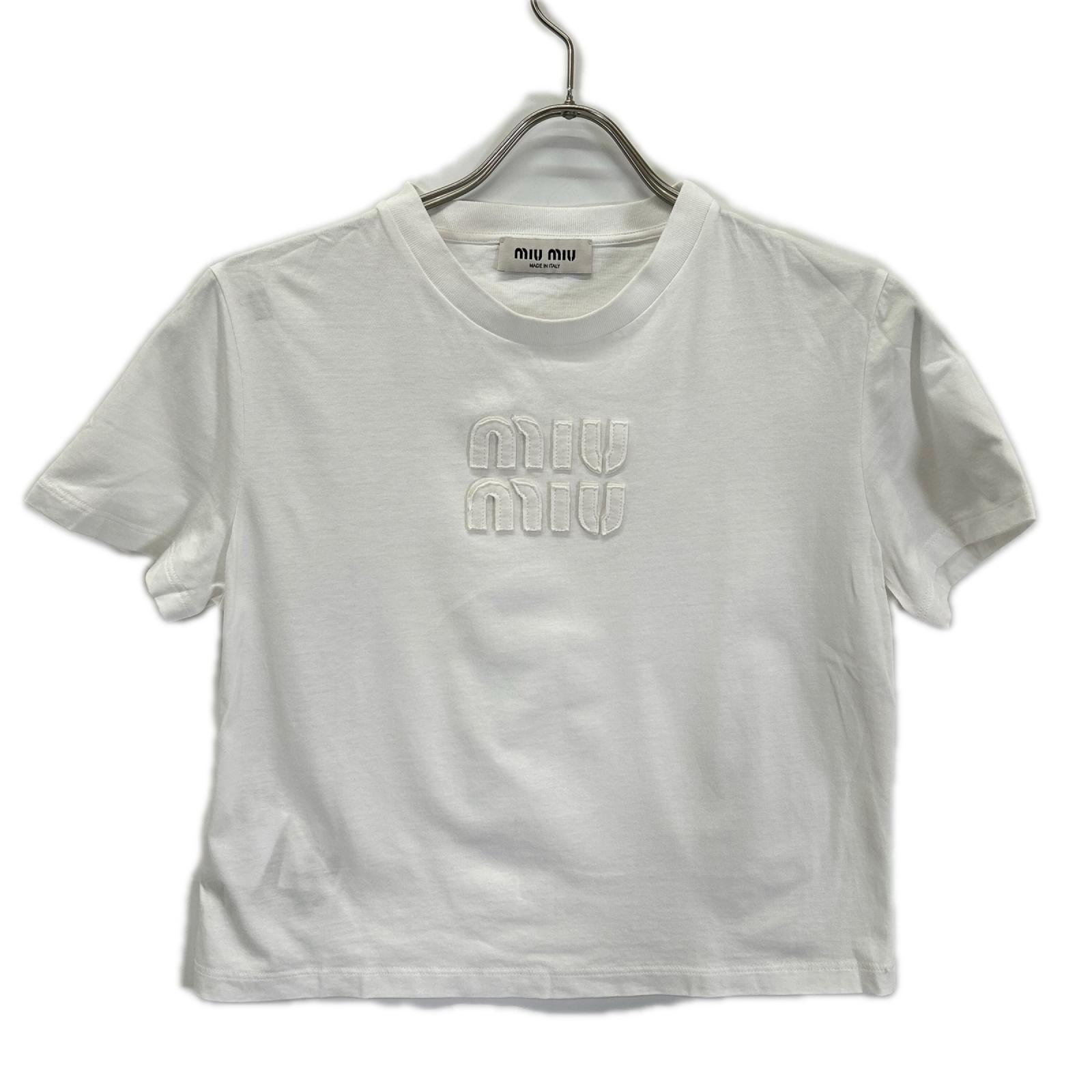 ミュウミュウ 25年製 MJN483 白 ロゴ クロップド Tシャツ M
