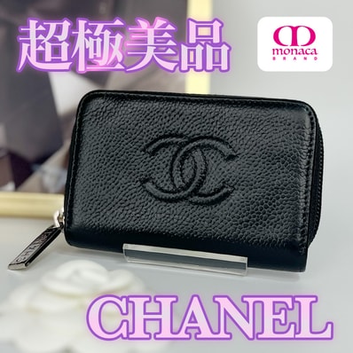 CHANEL Coco Mark Caviar Skin Round Zipper Coin Case "Black"