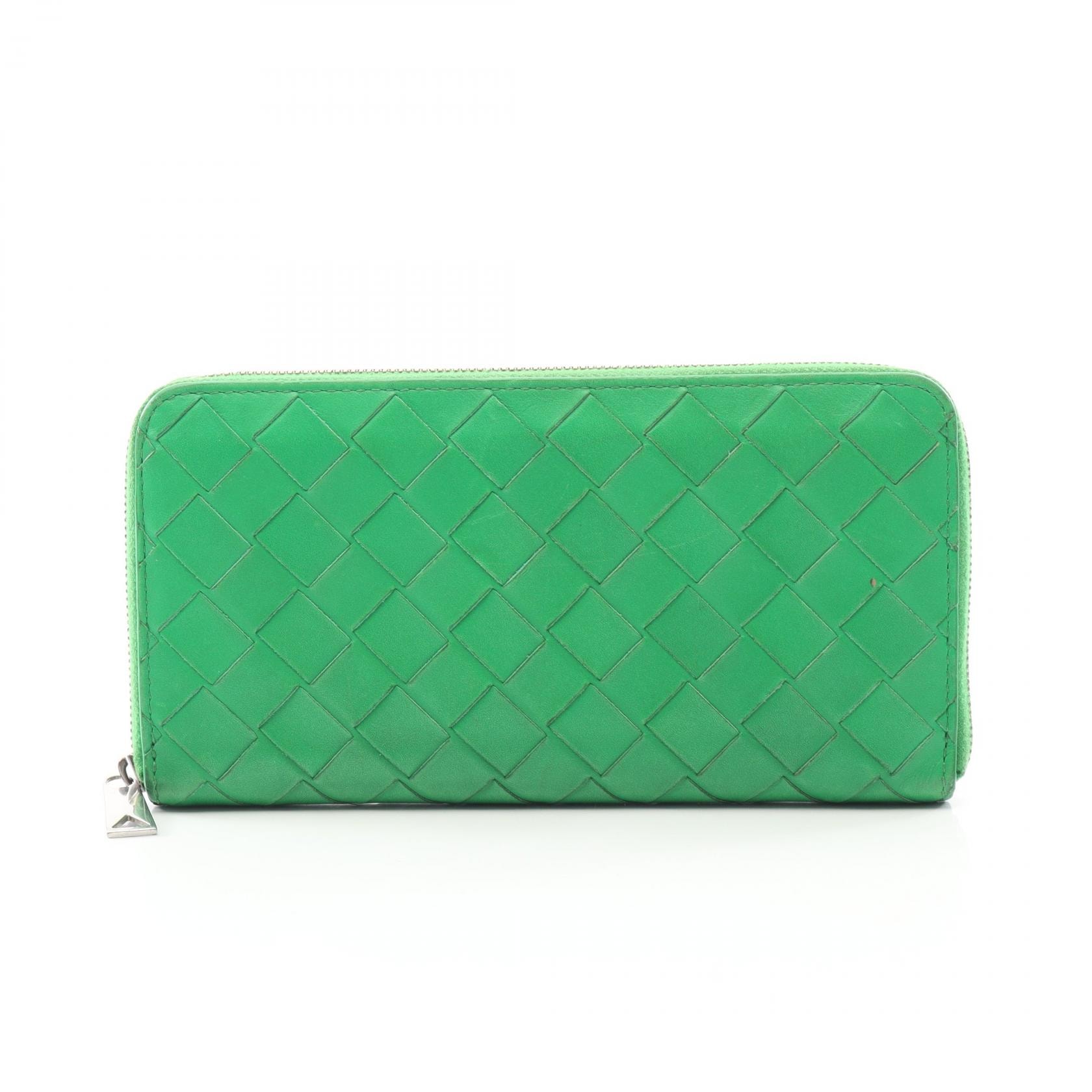 ボッテガヴェネタ BOTTEGA VENETA イントレチャート ラウンド長財布 財布 レザー レディース グリーン系 【中古】