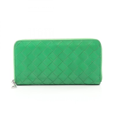 ボッテガヴェネタ BOTTEGA VENETA イントレチャート ラウンド長財布 財布 レザー レディース グリーン系 【中古】