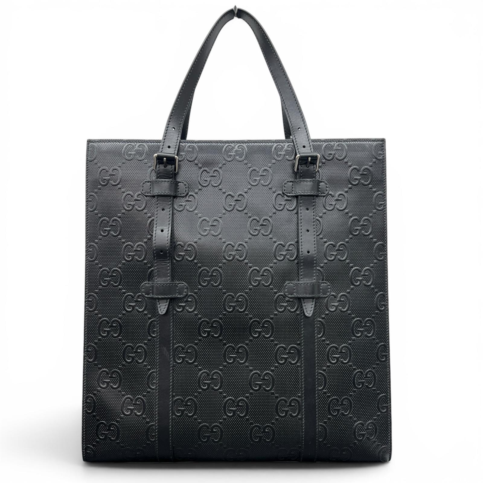GUCCI 美品 グッチ GGエンボス トートバッグ 700421 レザー ブラック シルバー金具 ビジネスバッグ ユニセックス ABランク 中古 鑑定済 グッチバッグ