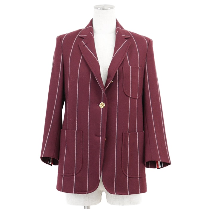SALE【美品】THOM BROWNE トムブラウン テーラードジャケット ノッチドラペル 3B ゴールドアンカーボタン ストライプ ウール100％ フランネル ブレザー アウター レディース サイズ 36 ワインレッド 赤 イタリア製