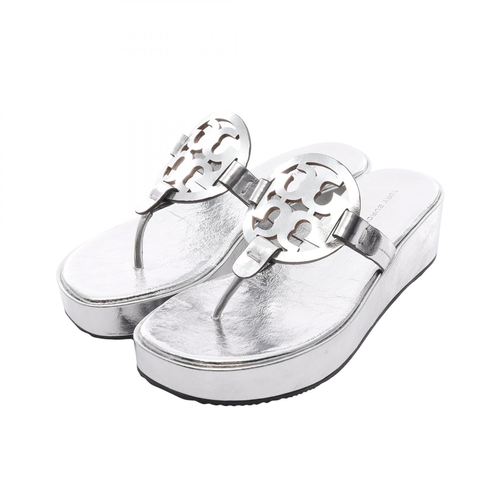 トリーバーチ Tory Burch MILLER WEDGE ミラー サンダル 靴 レザー レディース シルバー系 159860 【中古】