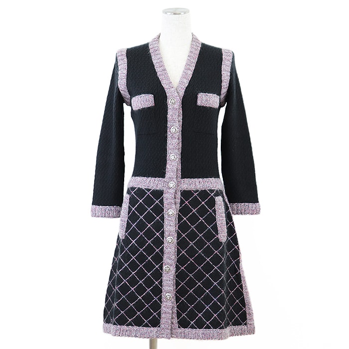 【美品】 シャネル 2015年 P52877 カメリアボタン ワンピース レディース ブラック ピンク 36 CHANEL