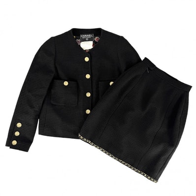 CHANEL シャネル セットアップ ココマーク チェーン ノーカラージャケット スカート ヴィンテージ アパレル 服 38 ブラック 黒 ゴールド金具 ウール レディース 秋 冬【中古品】