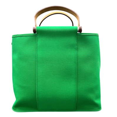 HERMES 希少 美品 エルメス カバックエラン PM バンブー 2way トートバッグ トワルオフィシエ レザー □Q刻印 2013年製造 キャンバス レザー グリーン ハンドバッグ ショルダーバッグ ABランク 中古 鑑定済 エルメスバッグ