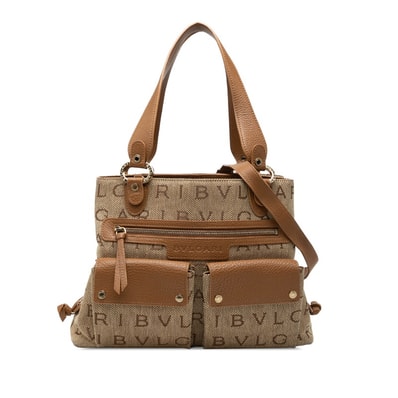 ブルガリ ロゴマニア マキシレッタレ ハンドバッグ ショルダーバッグ 2WAY ベージュ系 キャンバス レザー レディース BVLGARI 【中古】