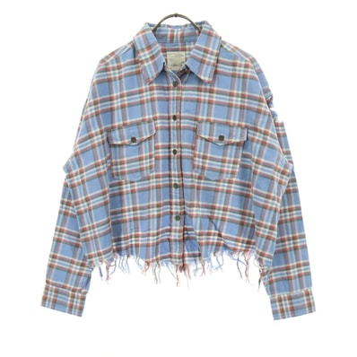 MOUSSY マウジー チェック柄 長袖 裾カットオフ クロップド ダメージ加工 シャツ F ライトブルー