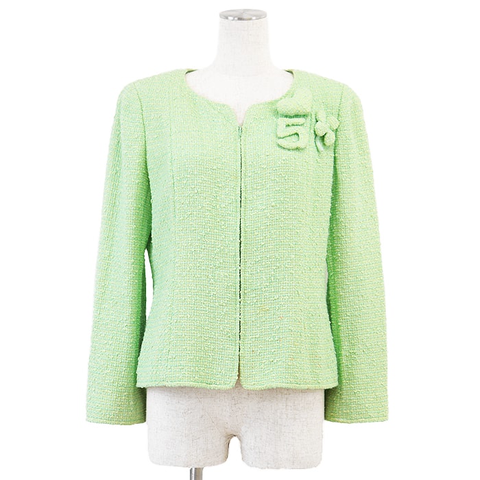 シャネル ツイード ノーカラー ジップアップ No.5 ハート クローバー ジャケット レディース ライトグリーン 38 CHANEL