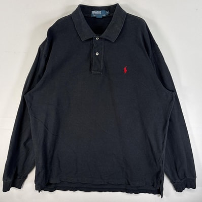 古着 90's/90年代 ポロバイラルフローレン Polo by Ralph Lauren 鹿の子 長袖 ポロシャツ ワンポイント ロゴ 刺繍 大きいサイズ 2ボタン XL ブラック 無地 メンズ