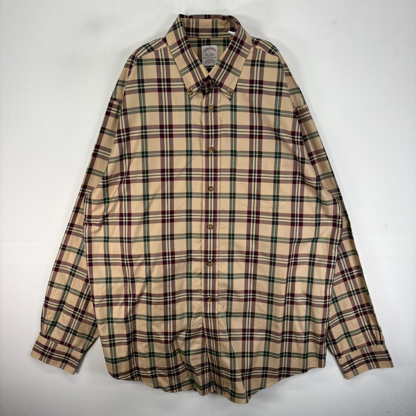 古着 ブルックスブラザーズ Brooks Brothers 長袖シャツ ボタンダウン 胸ポケット L  ベージュ系 チェック メンズ