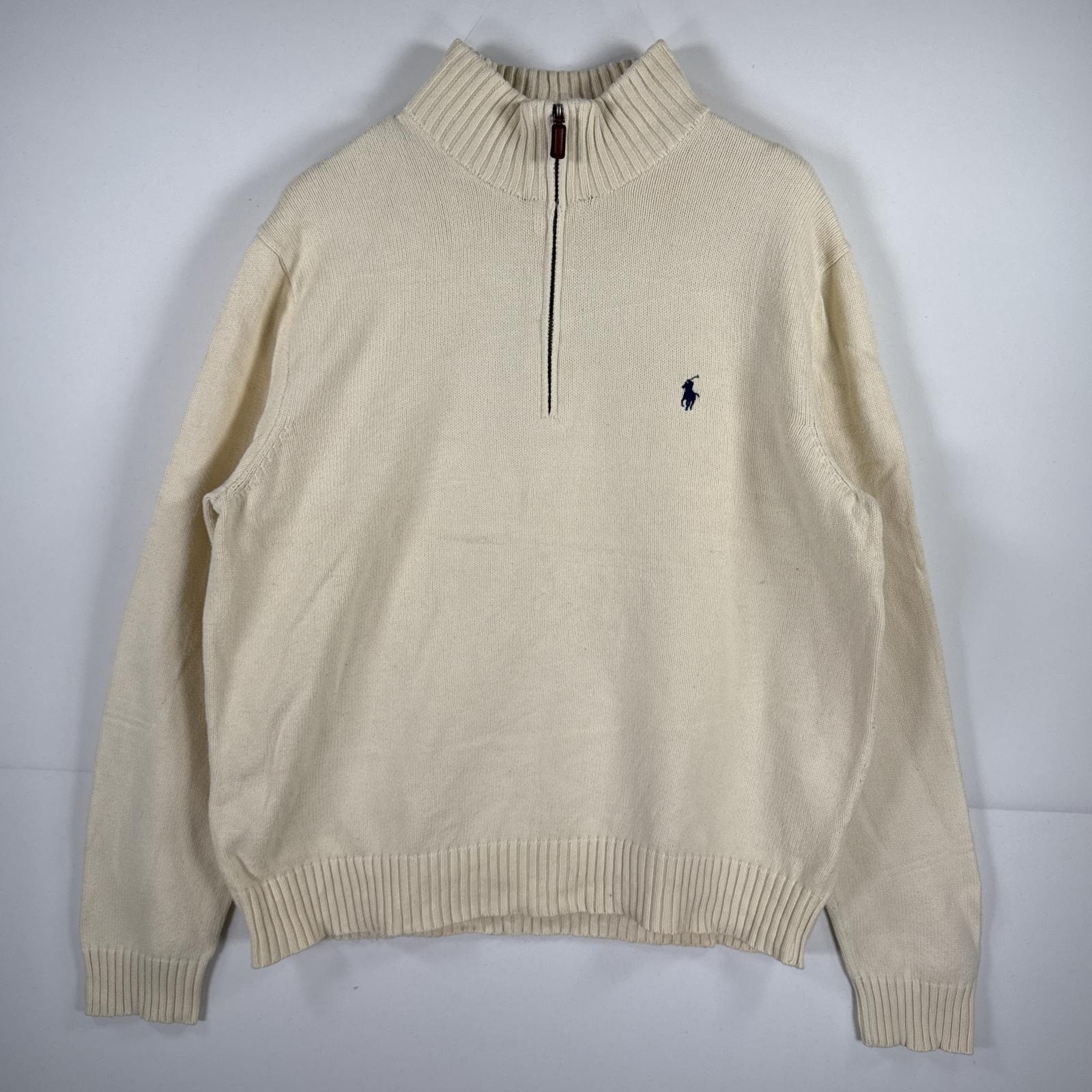 古着 ポロ・ラルフローレン POLO RALPH LAUREN 長袖 セーター ハーフジップ ニット ワンポイント トレーナー XL オフホワイト 無地 メンズ