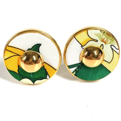 エルメス HERMES 総柄 ラウンド ロゴ ヴィンテージ アクセサリー ジュエリー イヤリング シルク グリーン