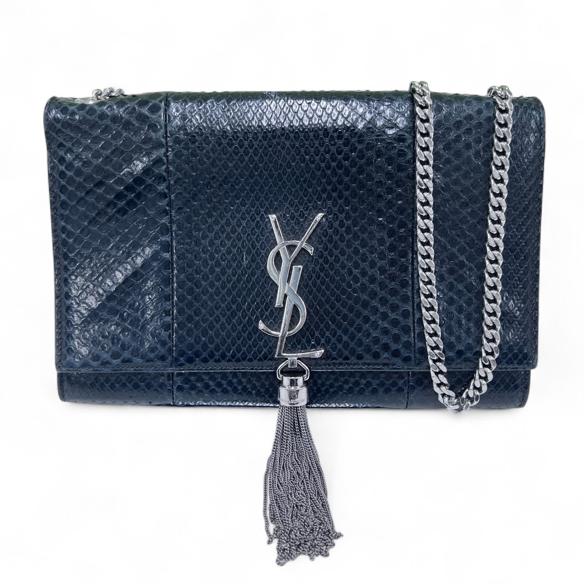 SAINT LAURENT 希少 サンローラン クラシック ケイト タッセル ミディアム チェーンショルダーバッグ 354119 パイソン 型押し レザー ブラック フリンジ ショルダーバッグ モノグラム イヴサンローラン YSL Bランク 中古 鑑定済