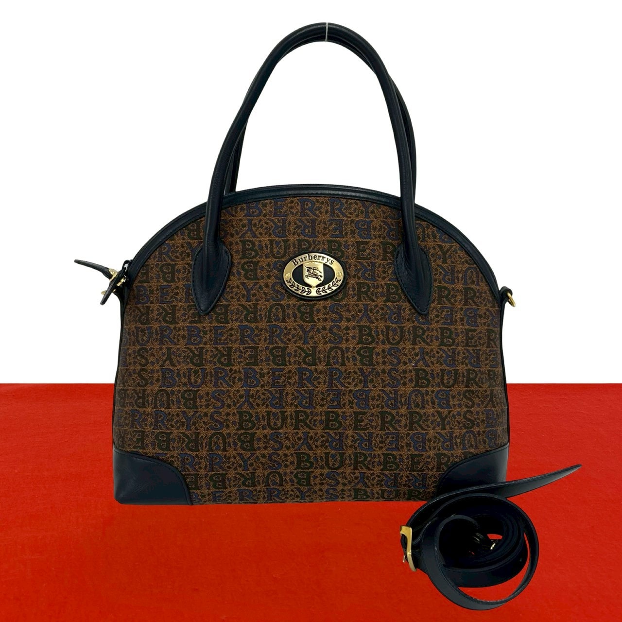 BURBERRY バーバリー シャドーホース ロゴ 金具 キャンバス レザー ショルダーバッグ ネイビー
 45719