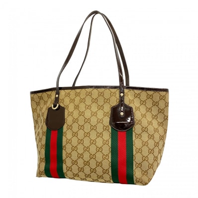 【6dd4186-k】グッチ トートバッグ GGキャンバス/シェリーライン 211971 キャンバス ベージュ ブラウン シャンパンゴールド金具【中古】レディース