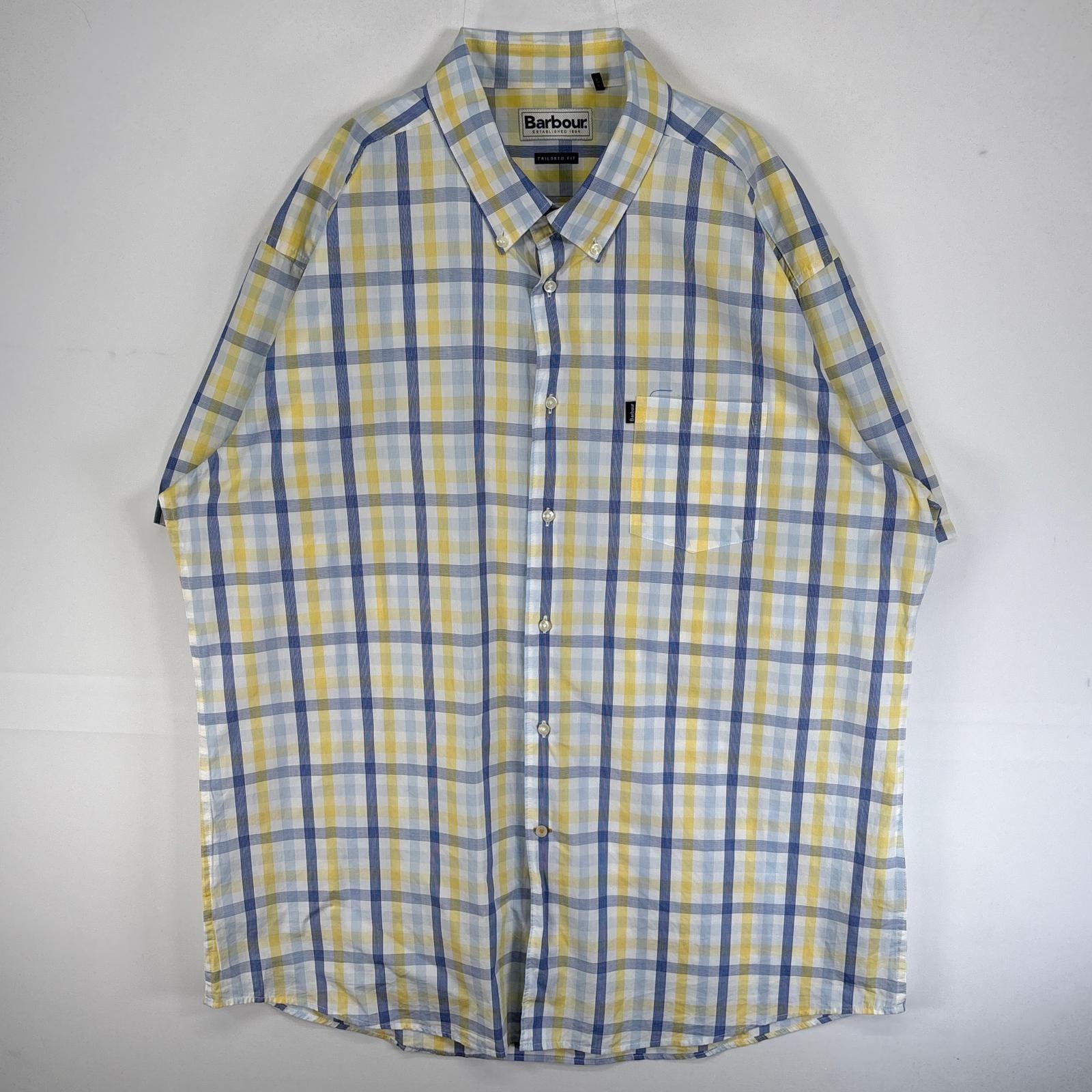 古着 バブアー Barbour 半袖シャツ チェック 胸ポケ ワンポイント ロゴ 大きいサイズ 薄手 XL  イエロー系 マルチカラー メンズ