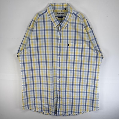 古着 バブアー Barbour 半袖シャツ チェック 胸ポケ ワンポイント ロゴ 大きいサイズ 薄手 XL イエロー系 マルチカラー メンズ