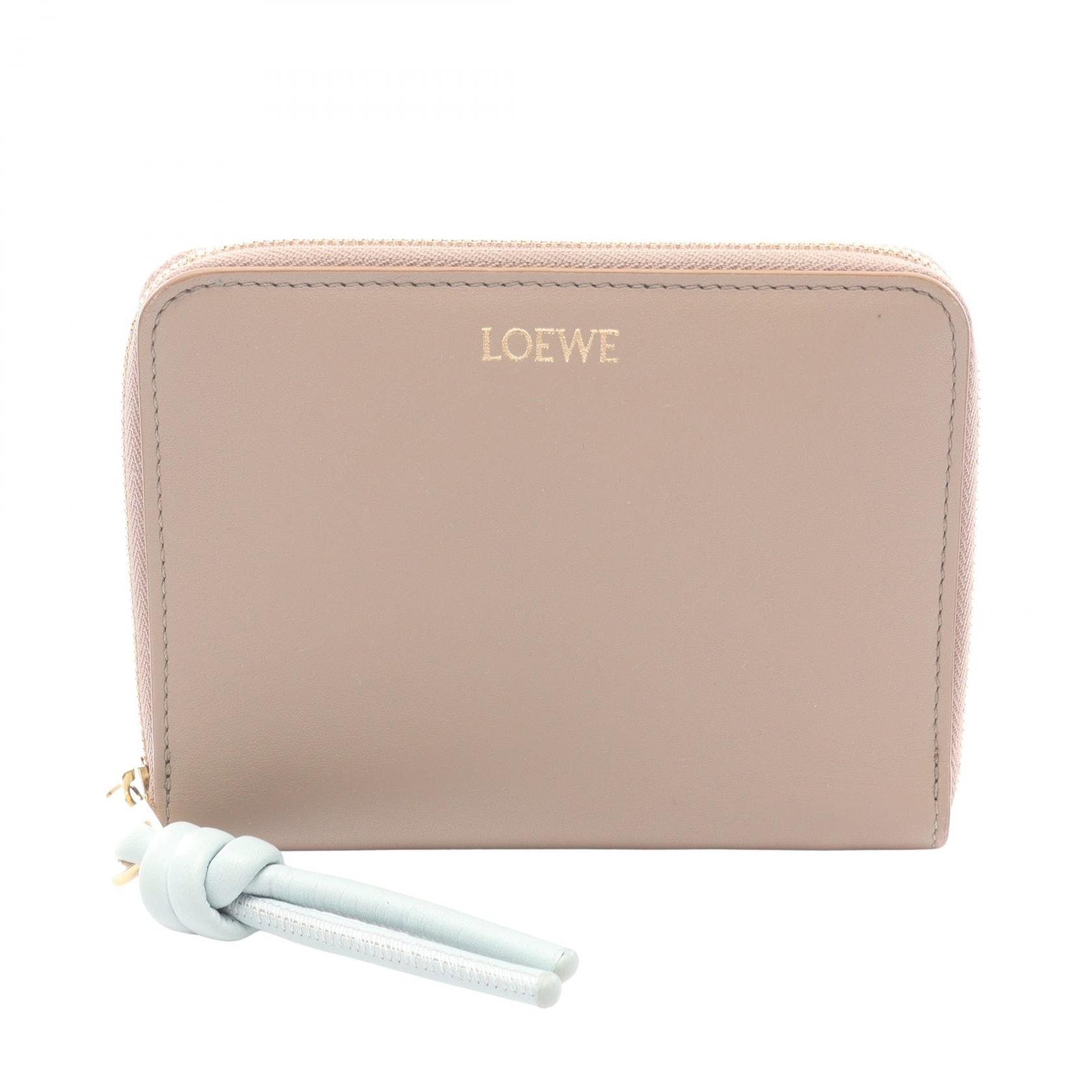 ロエベ LOEWE ノット コンパクト ラウンド財布 財布 レザー レディース ベージュ系 / ブルー系 CEM1CWZX01 【中古】