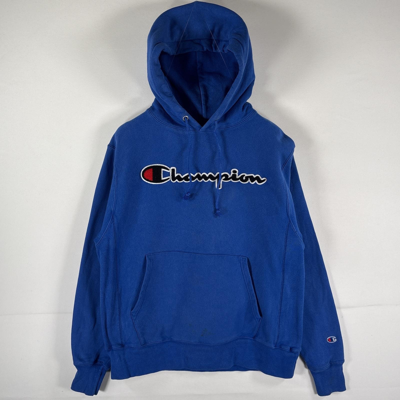 古着 チャンピオン Champion パーカー リバースウィーブ プルオーバー ワッペンロゴ フーディ スウェット MEDIUM ブルー メンズ