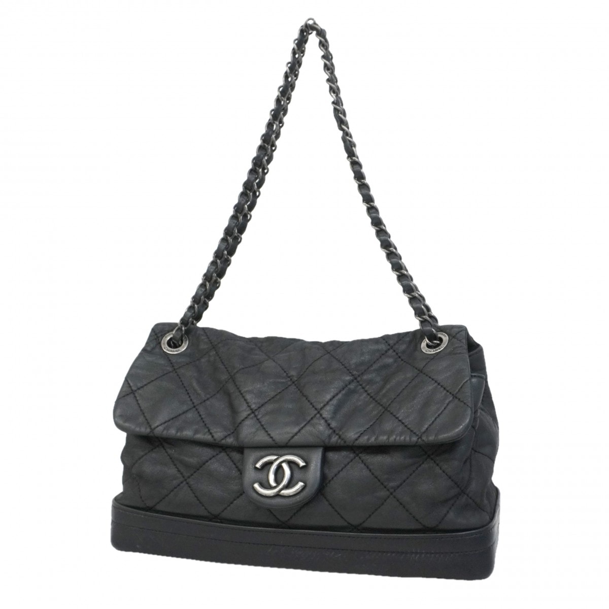 ★SALE【6ea0461-k】シャネル ショルダーバッグ マトラッセ Wチェーン レザー ブラック シルバー金具【中古】レディース