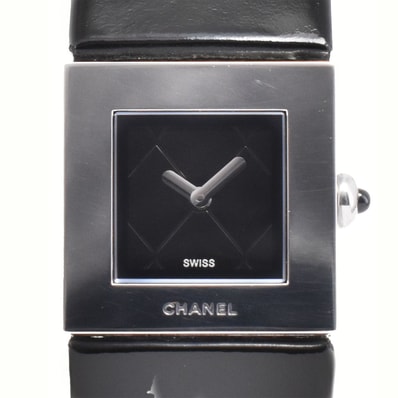 値下 シャネル CHANEL H0116 マトラッセ SS/レザー ブラック クォーツ レディース 腕時計 D#146388
