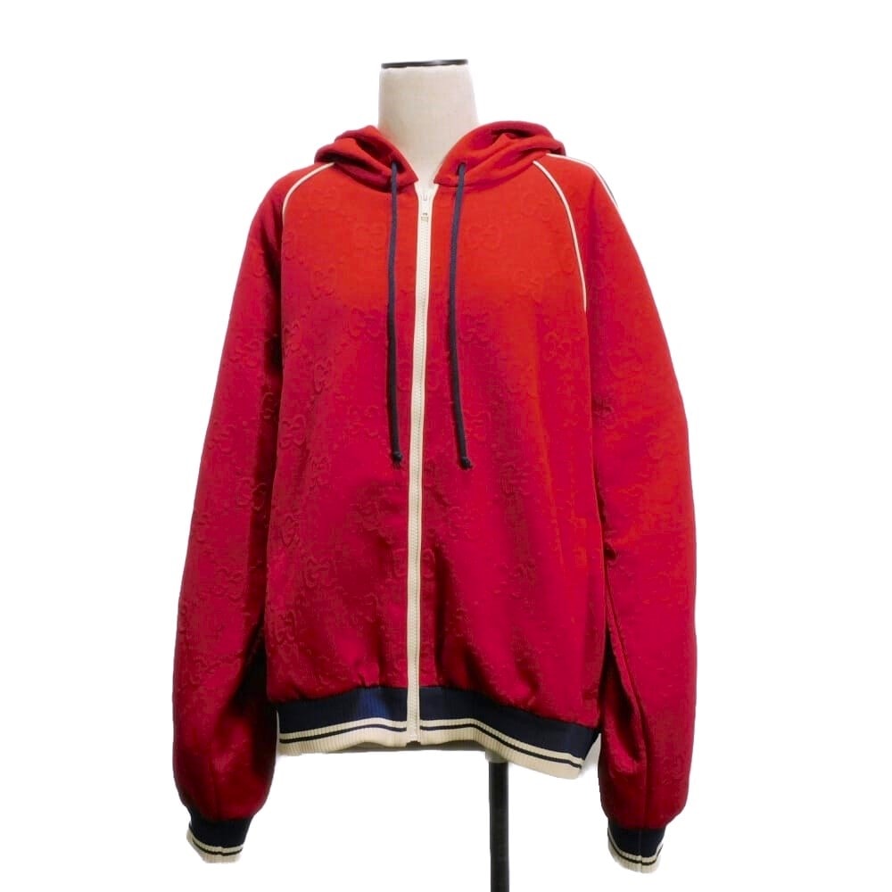 GUCCI グッチ テクニカル ジャージー GGジャガード ジップ フーディ XL 180/104A シェリー ブルー アイボリー リブ パイピング ジャンパー ブルゾン ウェブ ストライプ ポリエステル レッド パーカー 662337 XJDEM 6863