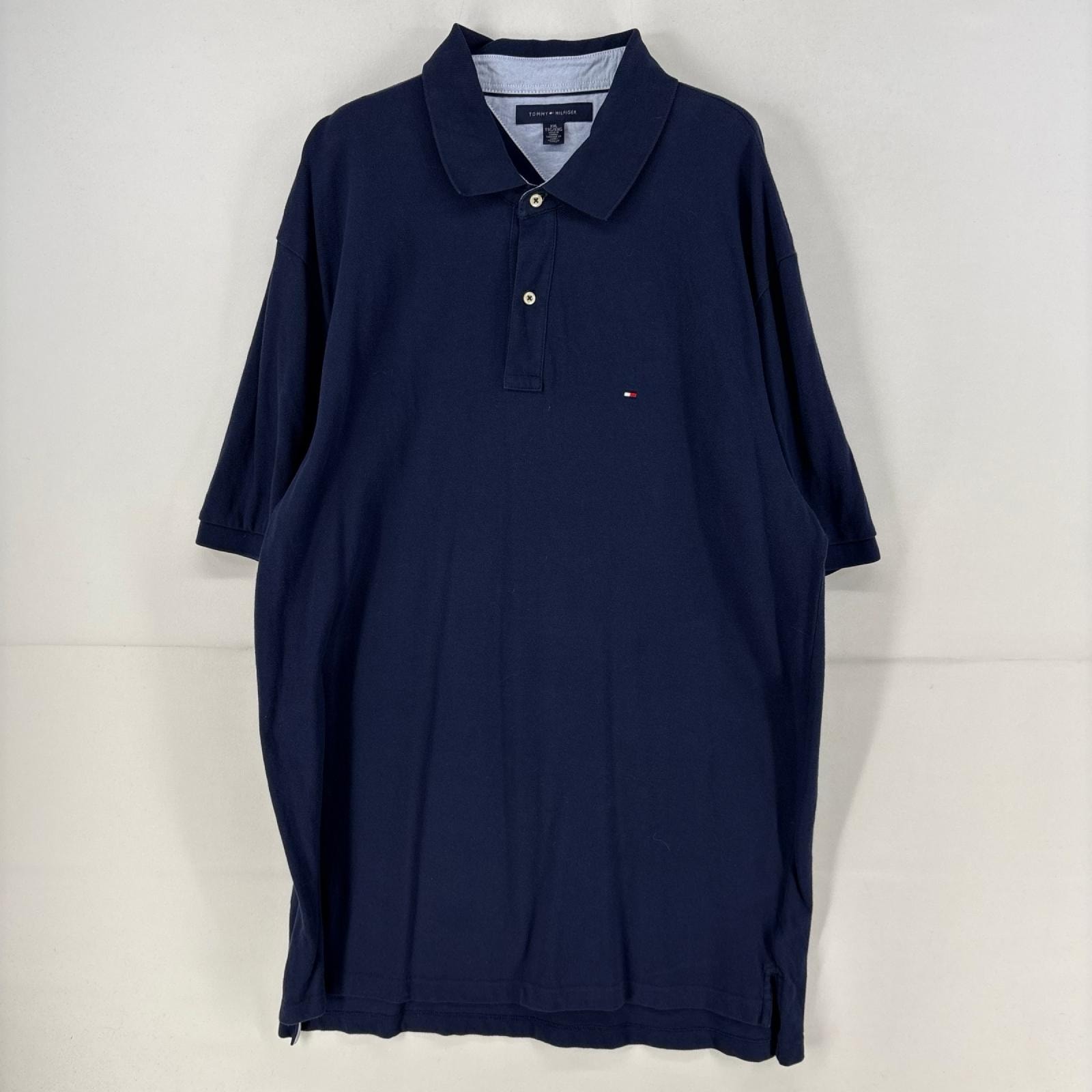 古着 トミーヒルフィガー TOMMY HILFIGER 半袖シャツ ワンポイント 刺繍 大きいサイズ ポロシャツ 鹿子 2XL  ネイビー メンズ