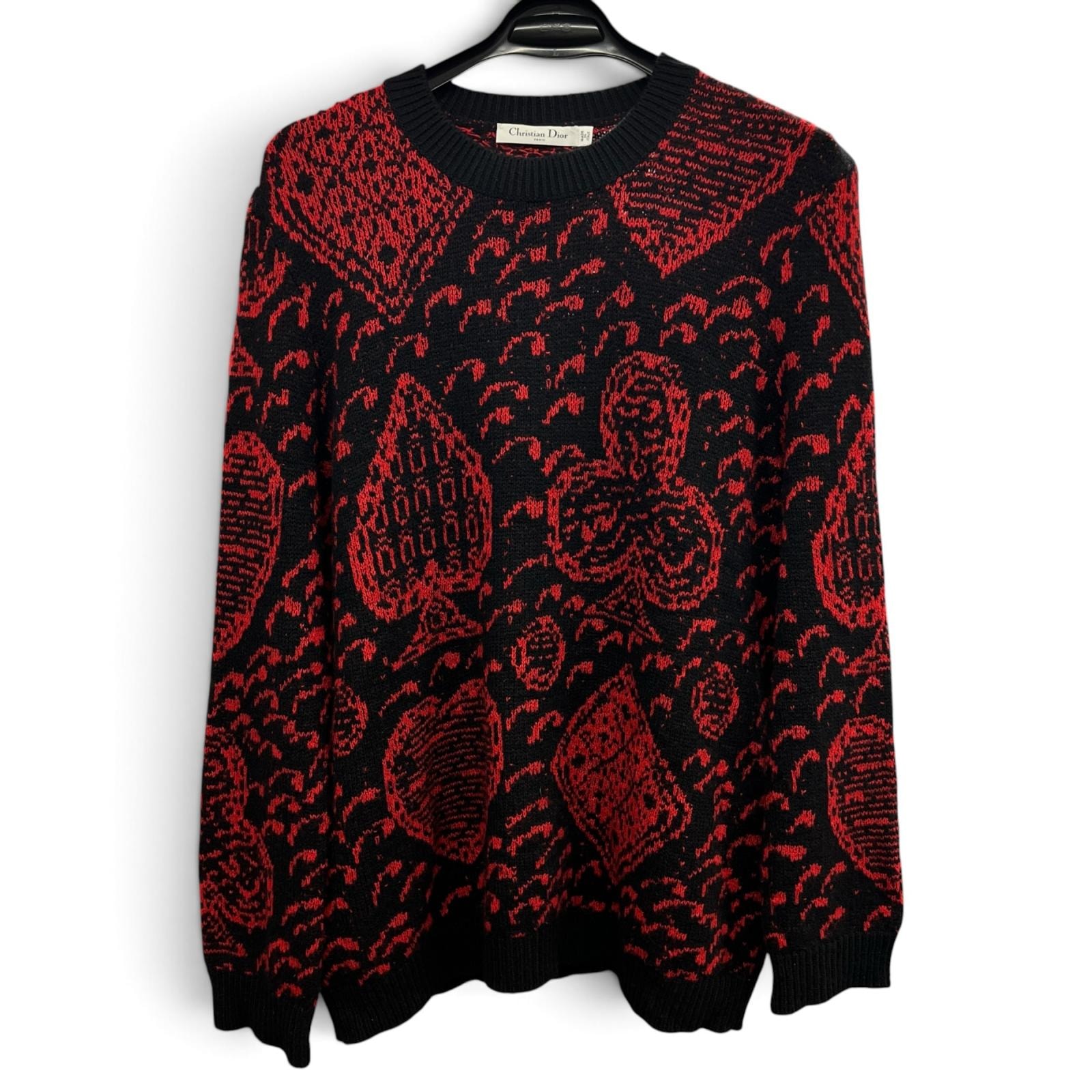 DIOR 希少 美品 ディオール トランプマーク柄 カシミヤ ニット セーター 844S87AM028 レッド ブラック 総柄 クリスチャンディオール ABランク 鑑定済 中古 ディオールニット