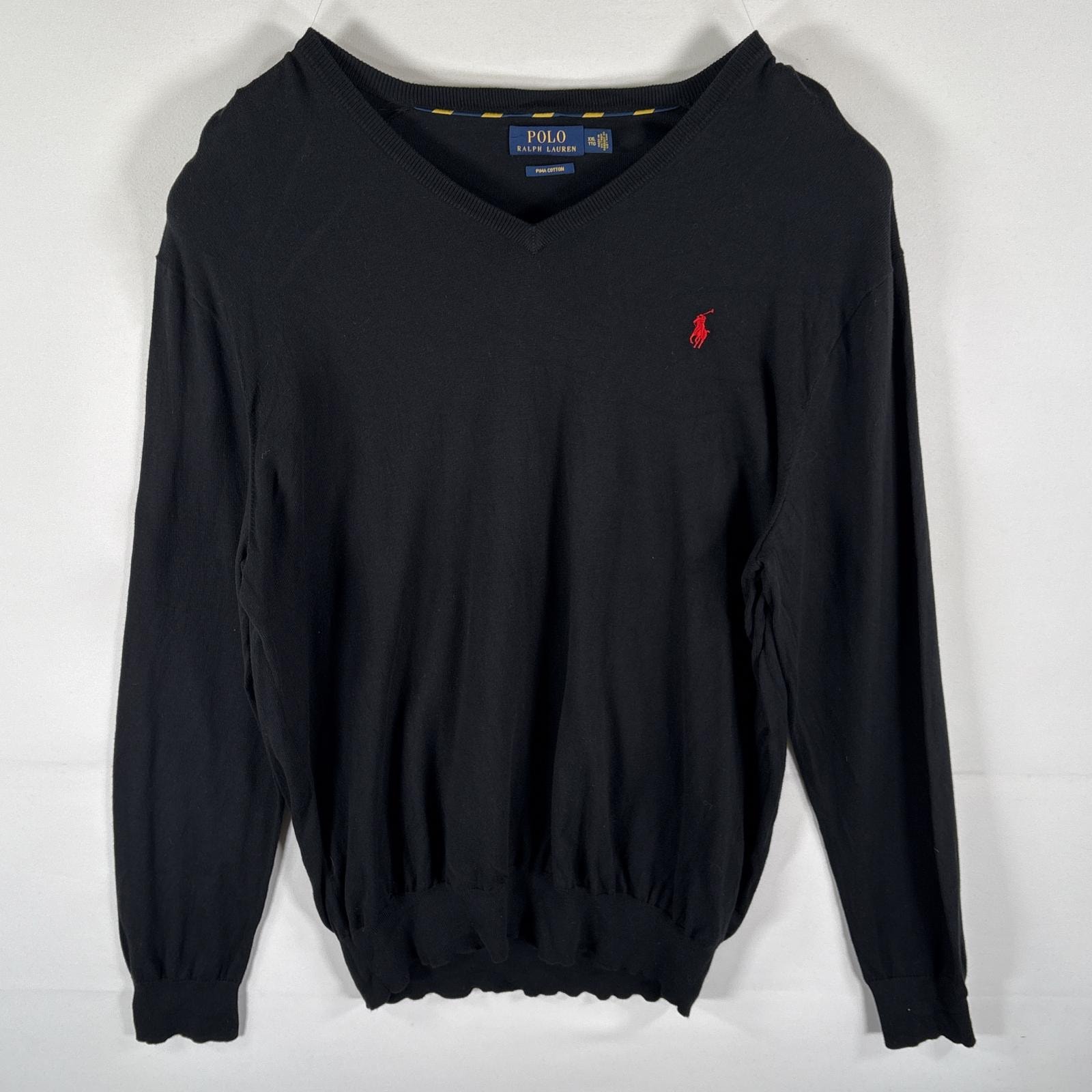 古着 ポロ・ラルフローレン POLO RALPH LAUREN セーター コットンニット ワンポイントロゴ刺繍 Vネック 14041 ブラック メンズ