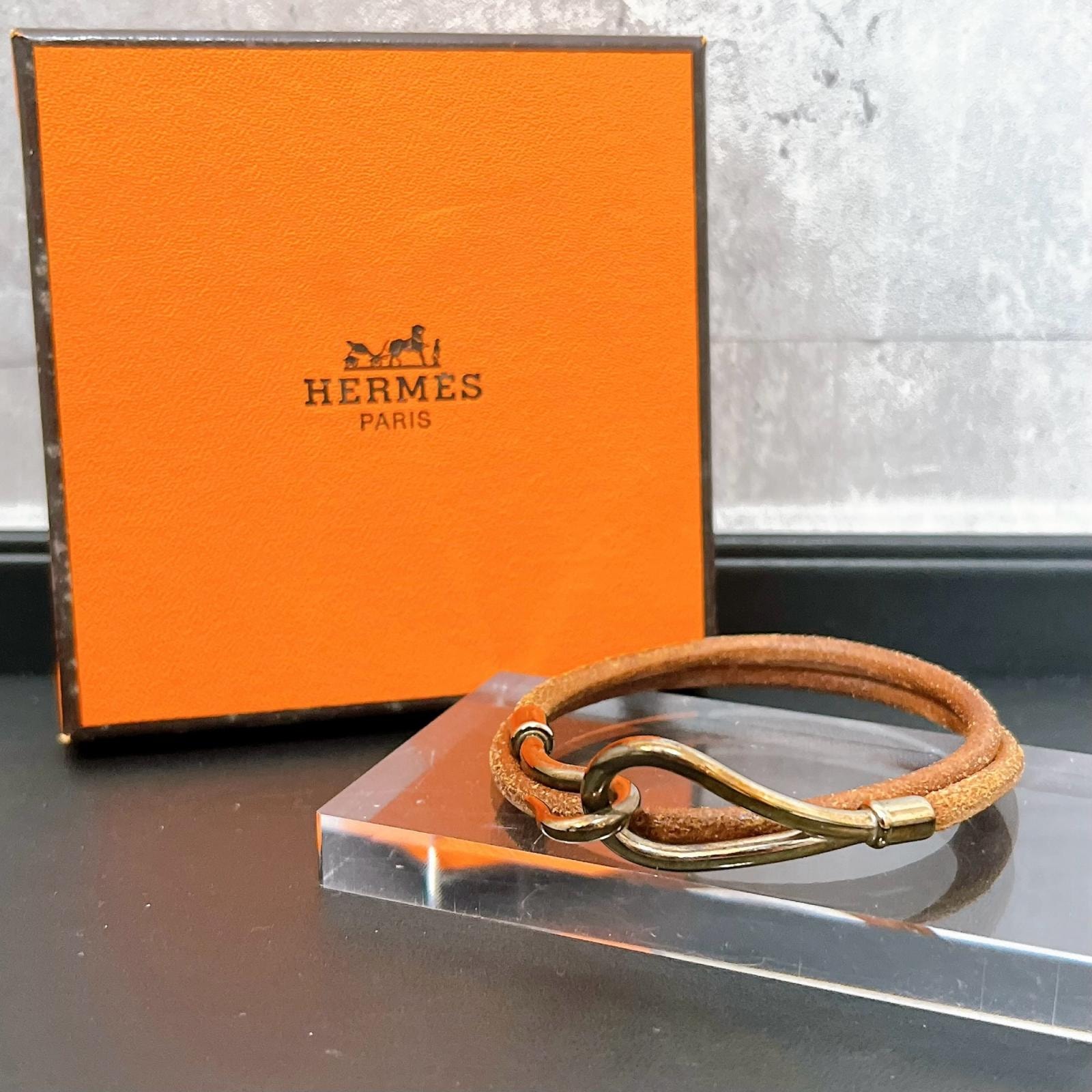 【HERMES】エルメス ジャンボ ブレスレット 箱付き レザー フック金具 二重巻き 丸紐 コードブレス ロングコード ブラウン ゴールド金具