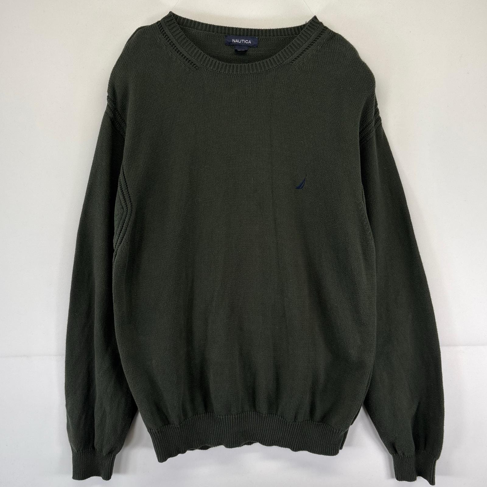古着 ノーティカ NAUTICA ニット セーター プルオーバー  クルーネック ワンポイントロゴ刺繍 大きいサイズ 2XL  グリーン系 メンズ