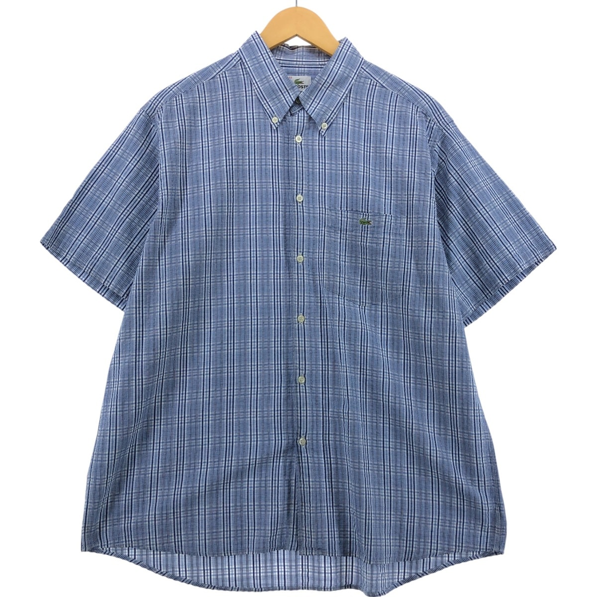 古着 ラコステ LACOSTE シアサッカー 半袖 ボタンダウン チェックシャツ メンズL相当/eaa562603