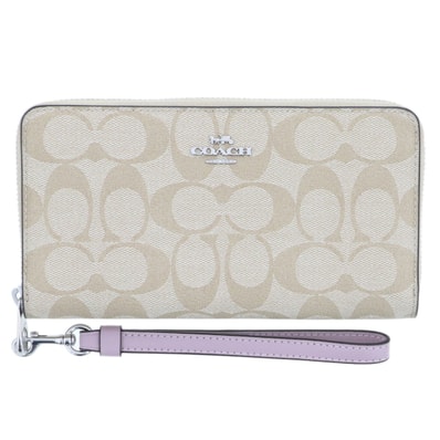 COACH コーチ ロング ジップ アラウンド ウォレット シグネチャー 長財布 PVC ベージュ レディース【中古】