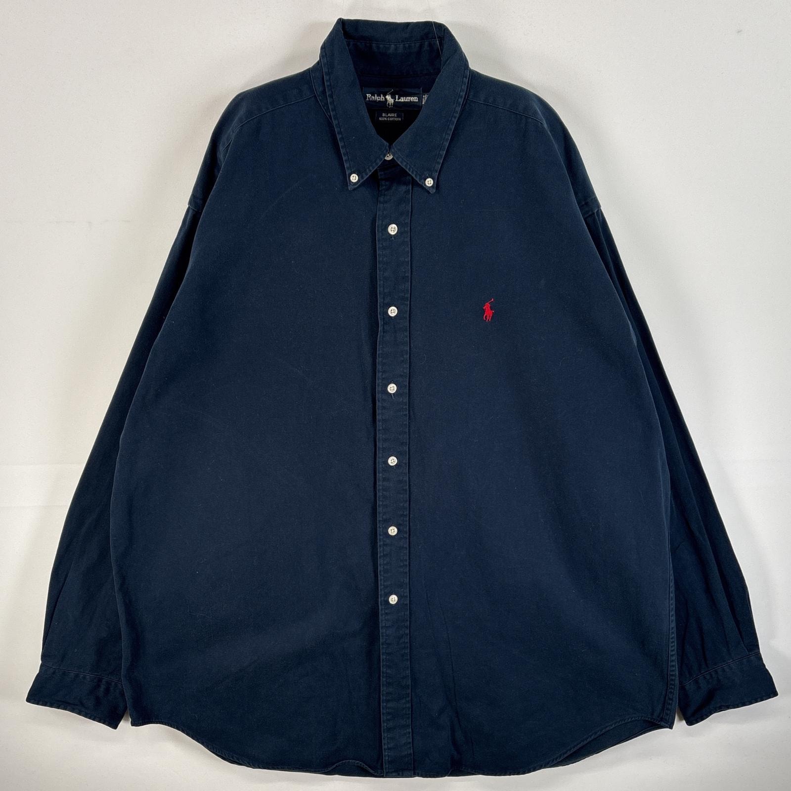古着 90's/90年代 ラルフローレン RALPH LAUREN 長袖シャツ ボタンダウンシャツ ワンポイント ロゴ 刺繍 厚手 XL  ネイビー 無地 メンズ