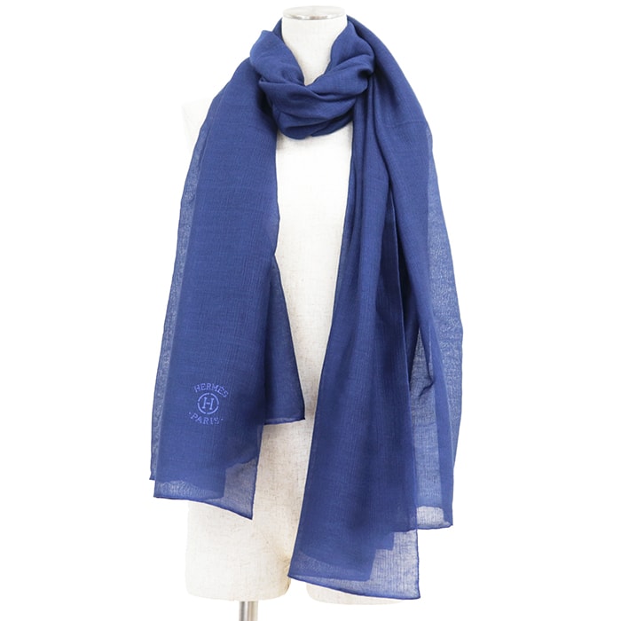 【新品同様】HERMES エルメス スカーフ H ロゴ カシミヤ× シルク 小物 箱付属 ブルー 青 メンズ レディース ユニセックス ネパール製
