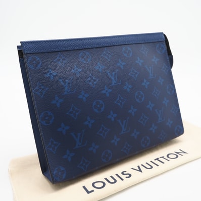 極美品 LOUIS VUITTON ルイ・ヴィトン タイガラマ ポシェット ヴォワヤージュ MM M30423 クラッチバッグ ブルー コーティングキャンバス レザー メンズ