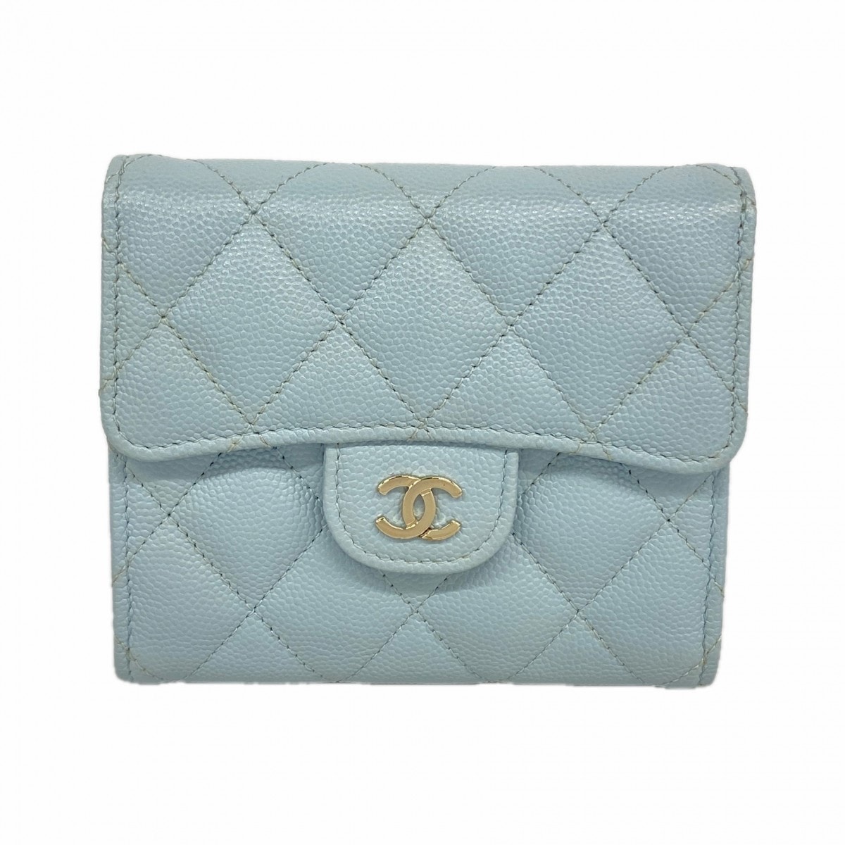 ★最終価格★SALE【6de6476-k】シャネル 三つ折り財布 マトラッセ キャビアスキン ライトブルー シャンパンゴールド金具【中古】レディース