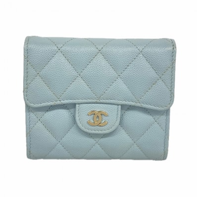 ★最終価格★SALE【6de6476-k】シャネル 三つ折り財布 マトラッセ キャビアスキン ライトブルー シャンパンゴールド金具【中古】レディース