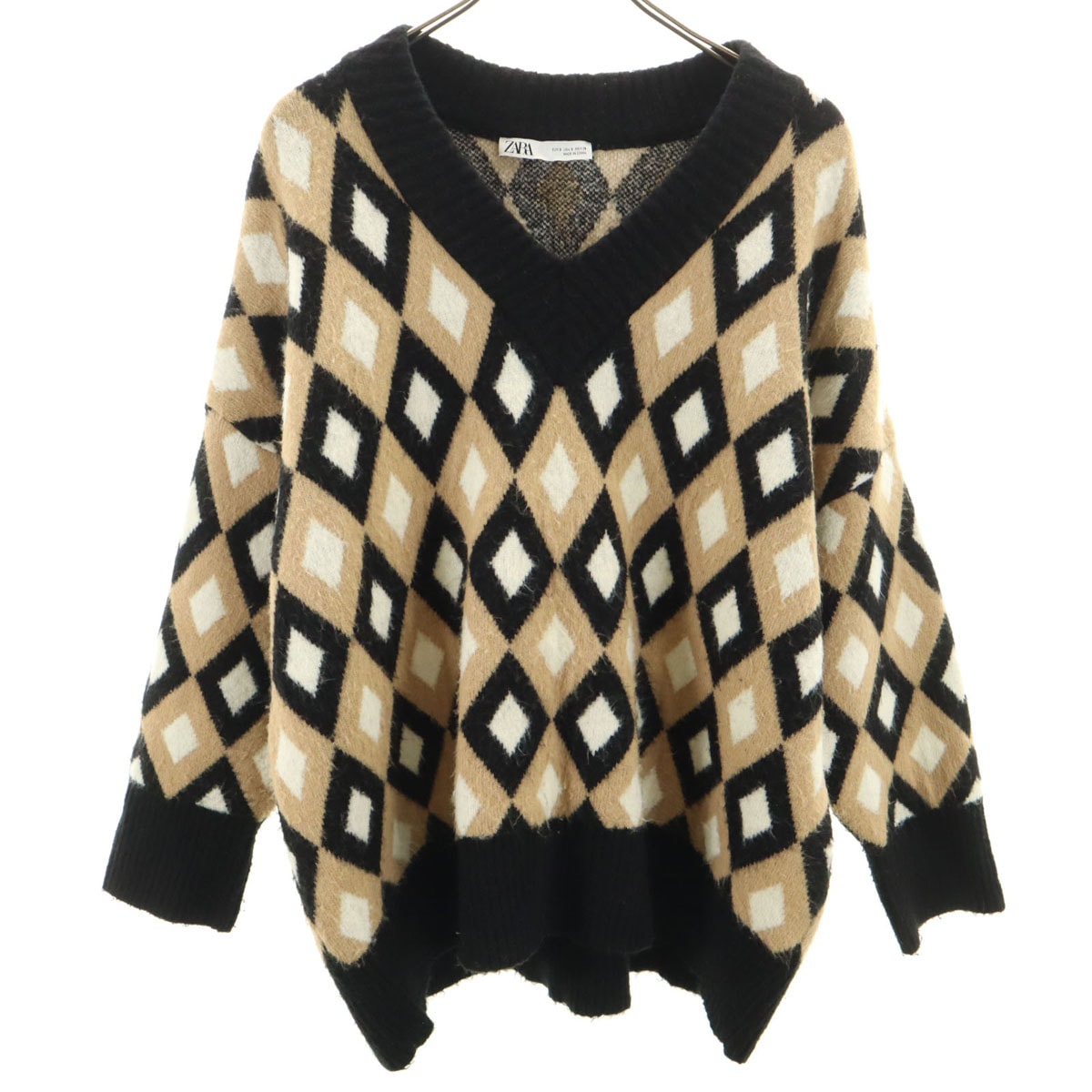 ZARA ザラ ダイヤ柄 長袖 Vネック セーター S ベージュ ニット