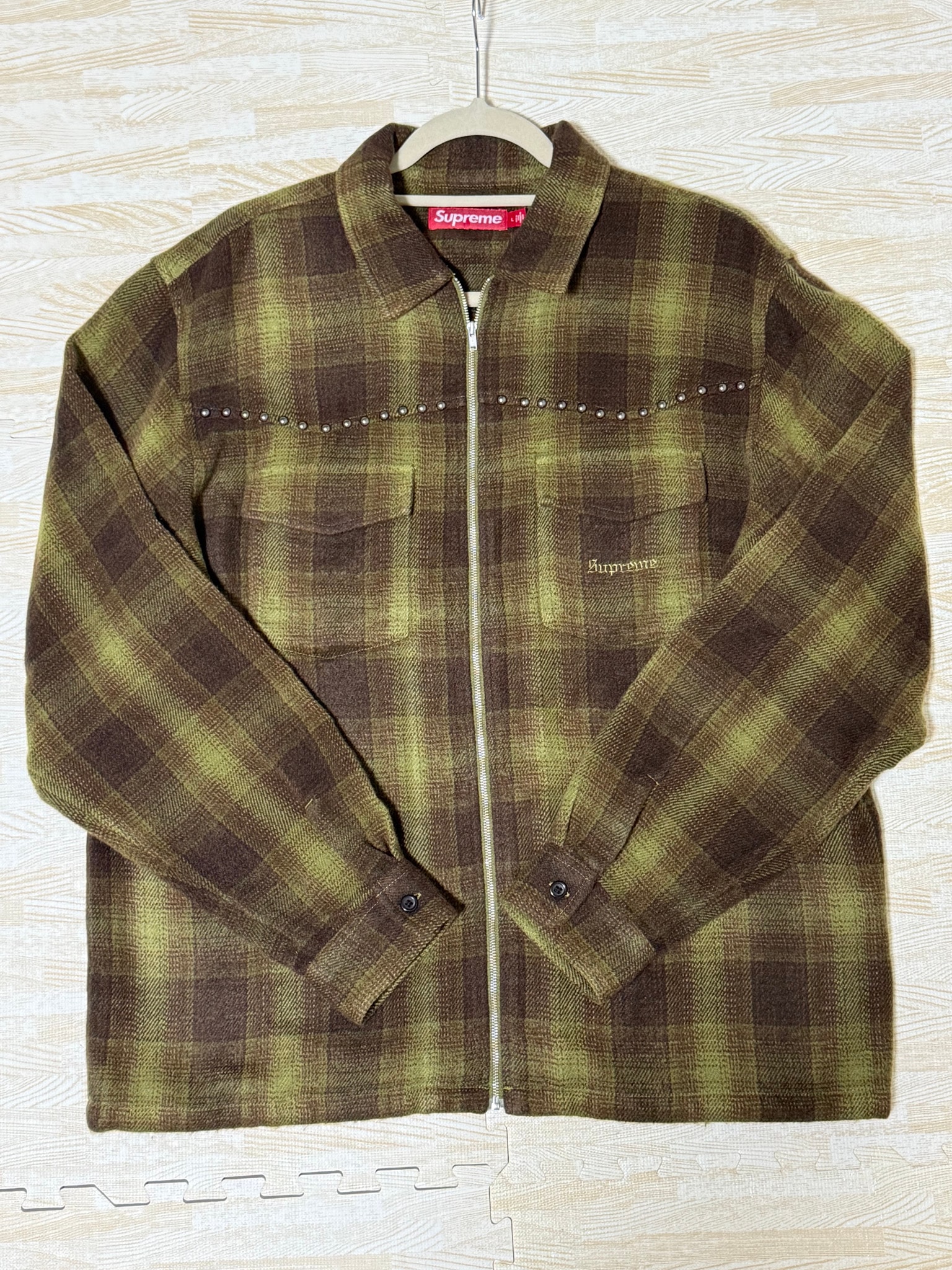 Supreme Studded Shadow Plaid Zip Up Shirt "Olive"