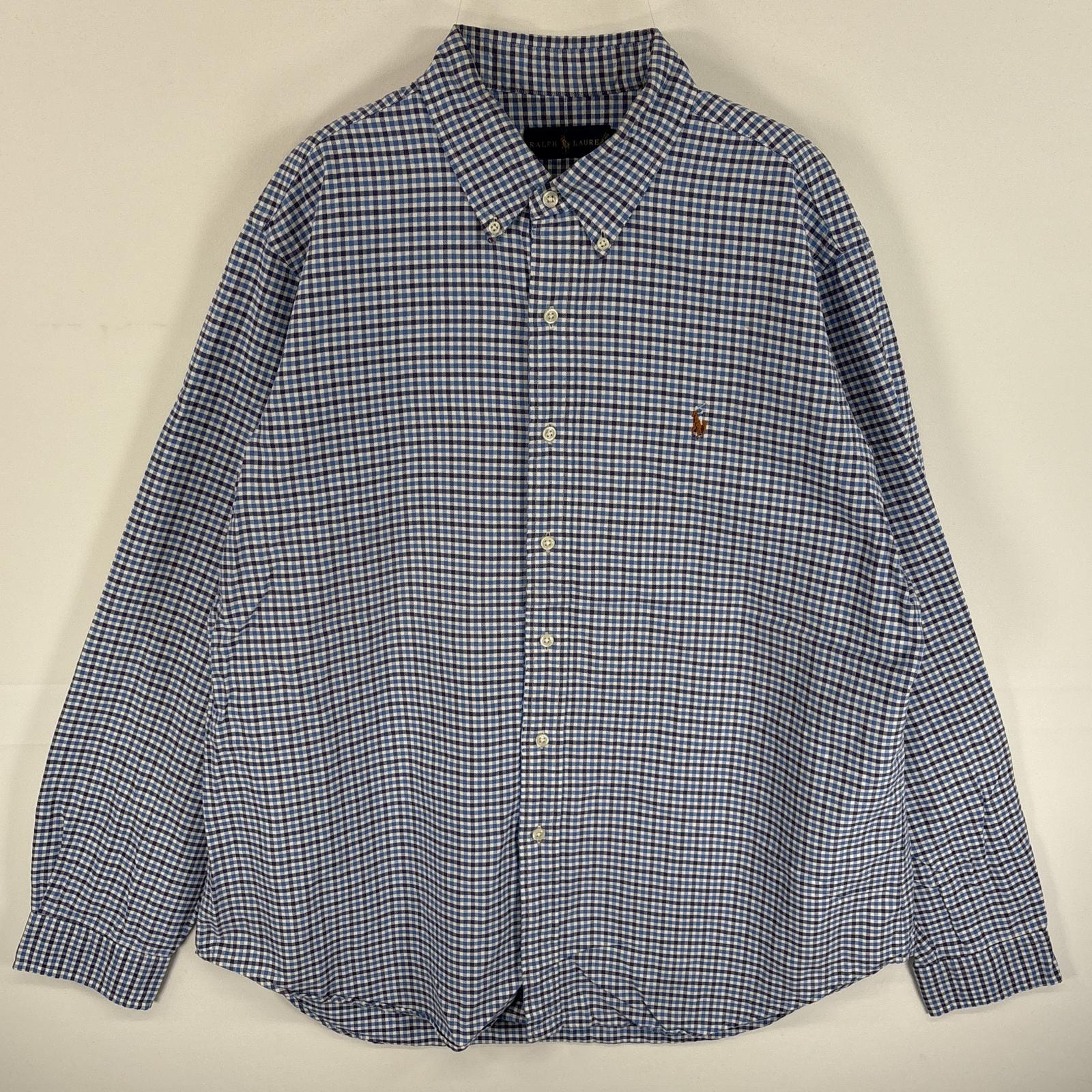 古着 ラルフローレン RALPH LAUREN 長袖シャツ ワンポインロゴ 刺繍 ボタンダウンシャツ 大きいサイズ XL  ブルー系 チェック メンズ