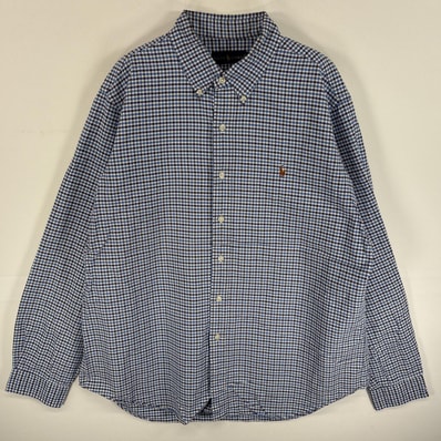 古着 ラルフローレン RALPH LAUREN 長袖シャツ ワンポインロゴ 刺繍 ボタンダウンシャツ 大きいサイズ XL ブルー系 チェック メンズ