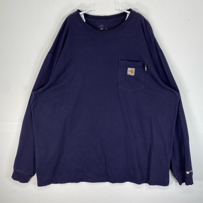 古着 カーハート Carhartt 長袖Tシャツ FR 難燃素材 大きいサイズ 肉厚 ワンポイント ロゴ 2XL ネイビー 無地 メンズ