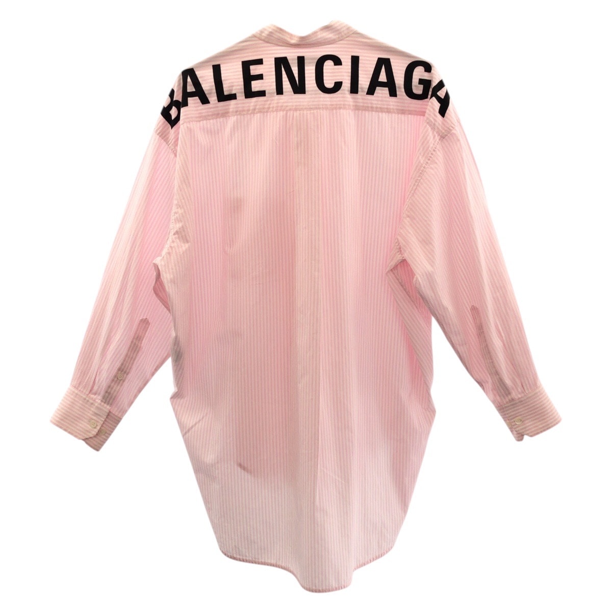 美品 BALENCIAGA バレンシアガ ピンク ホワイト コットン リボン バックロゴ ストライプ ロングスリーブシャツ 長袖シャツ 504986 【中古】