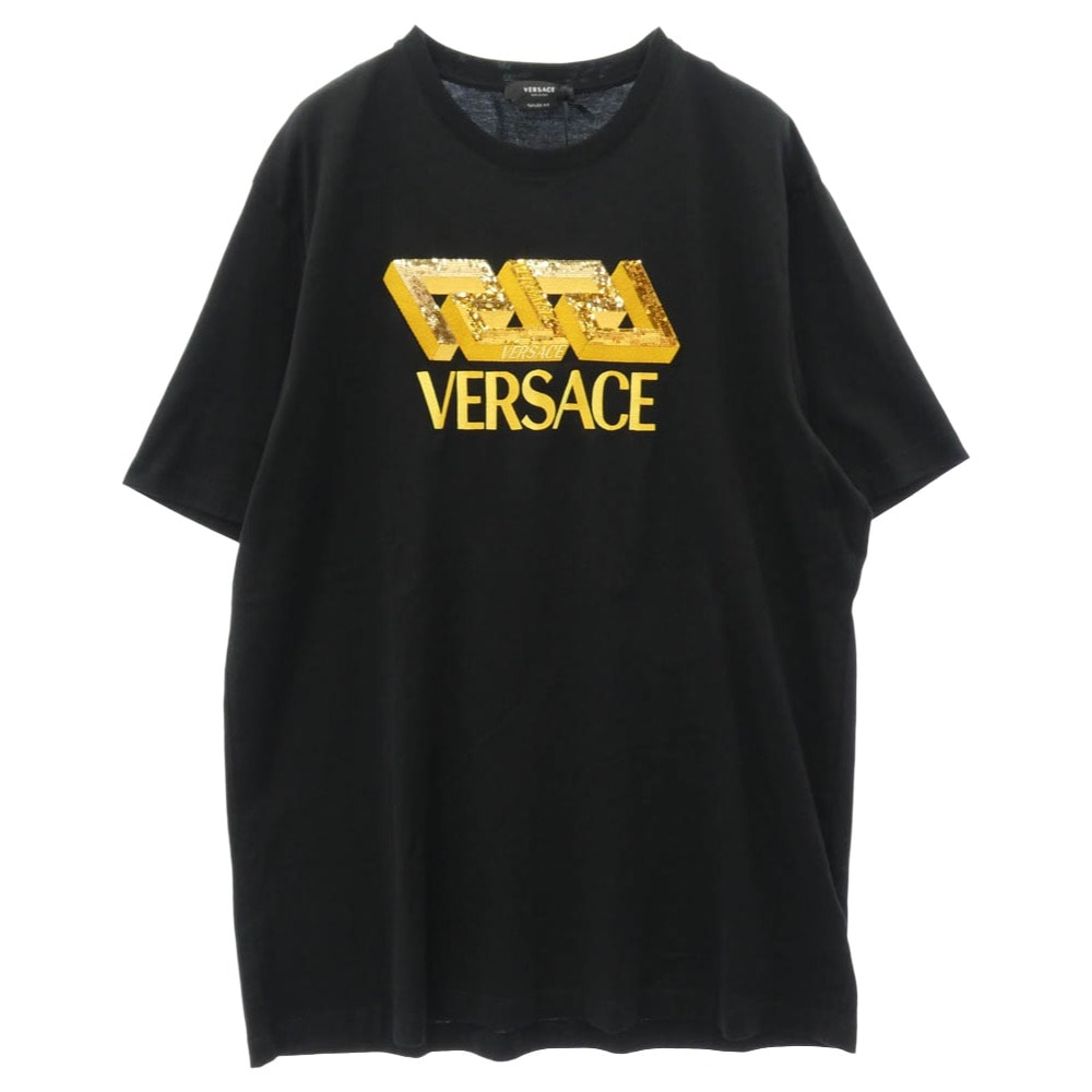 VERSACE ヴェルサーチ Tシャツ スパンコール ロゴ刺繍 半袖 Tシャツ カットソー ブラック系 ゴールド系 3XL【美品】【中古】
